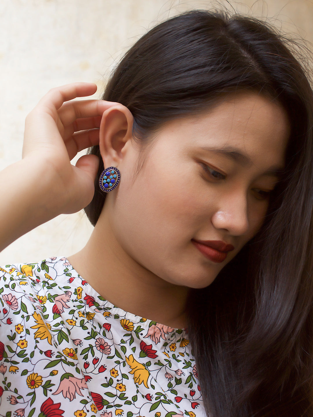 Aana Silver Plated Oval Design Turquoise And Navy Color Plastic Stone Stud Earring-AANA-Earring