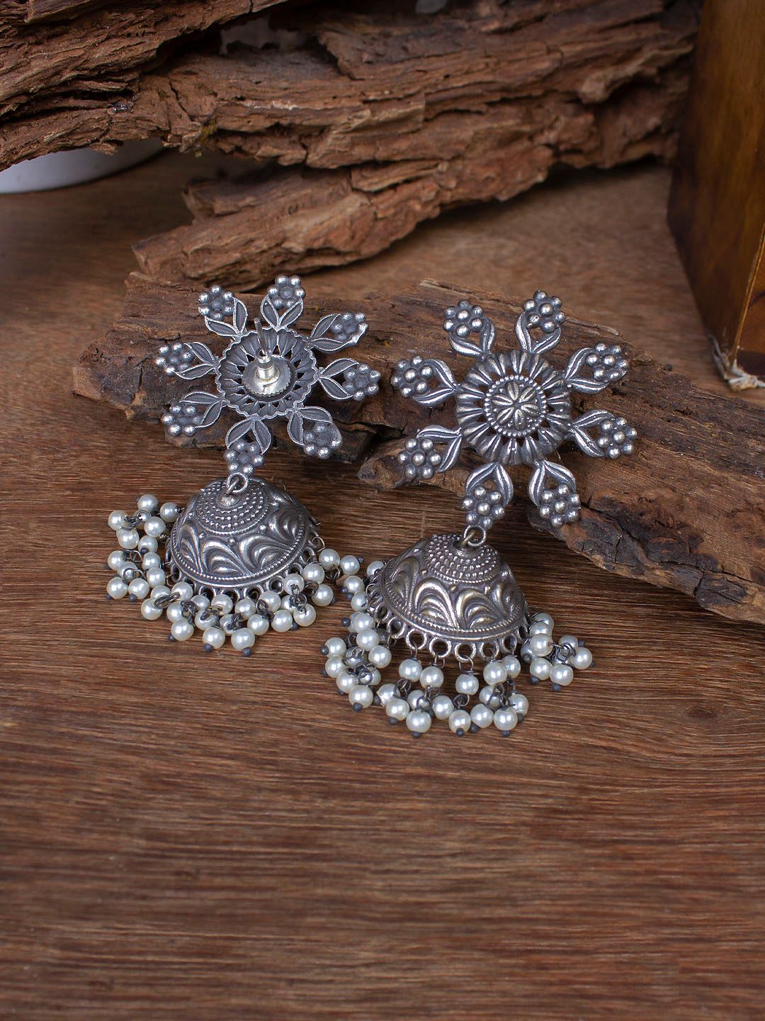 Silver Plated Floral Design Stud With Hanging White Pearls Jhumka Earring