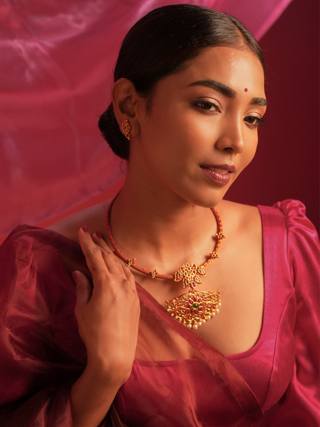 Gold Tone Temple Necklace Set- Pink Haslee