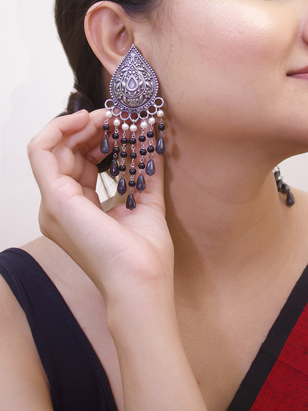 Oxidized Silver Plated Teardrop Design Black Color Beads With Hanging White Pearls Dangler Earring-OXIDIZED-Earring