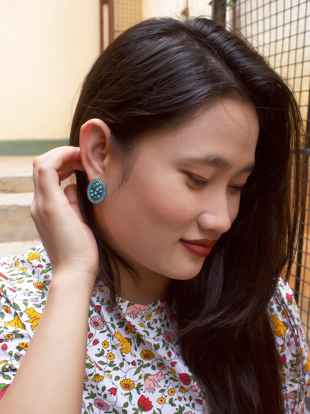 Aana Silver Plated Oval Design Turquoise And Teal Color Plastic Stone Stud Earring-AANA-Earring