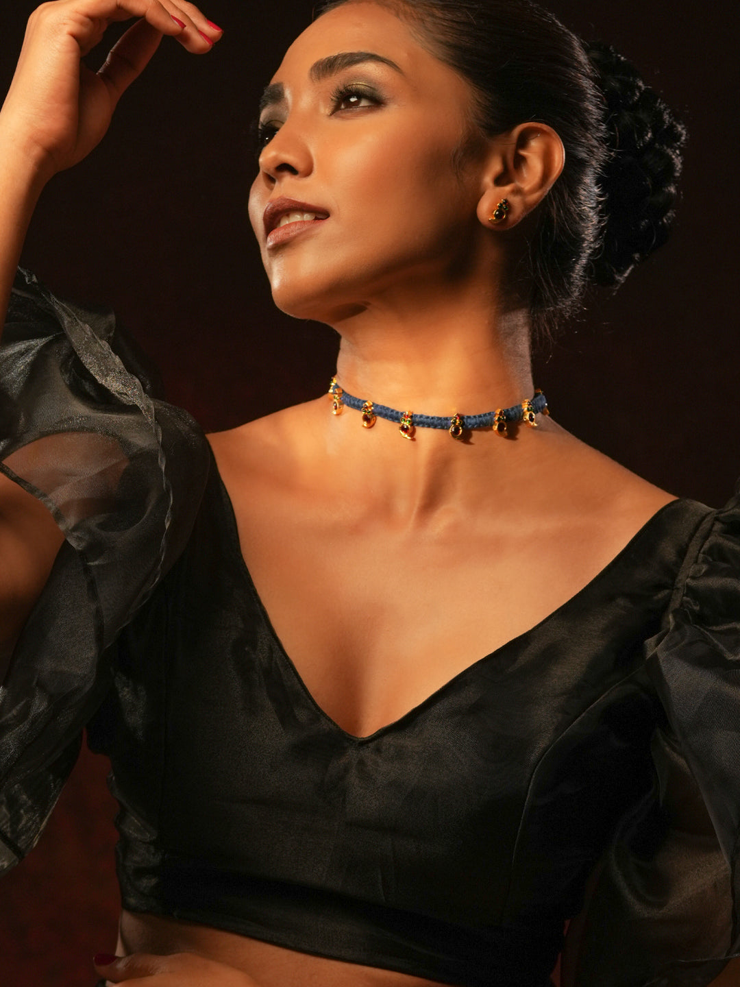 Gold tone temple necklace set-Blue Thread Choker