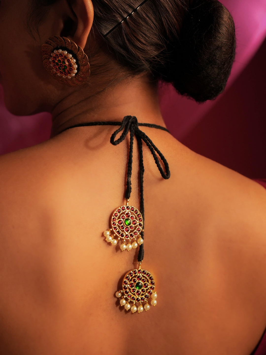 Gold Tone Coined Temple Necklace Set-V Pink