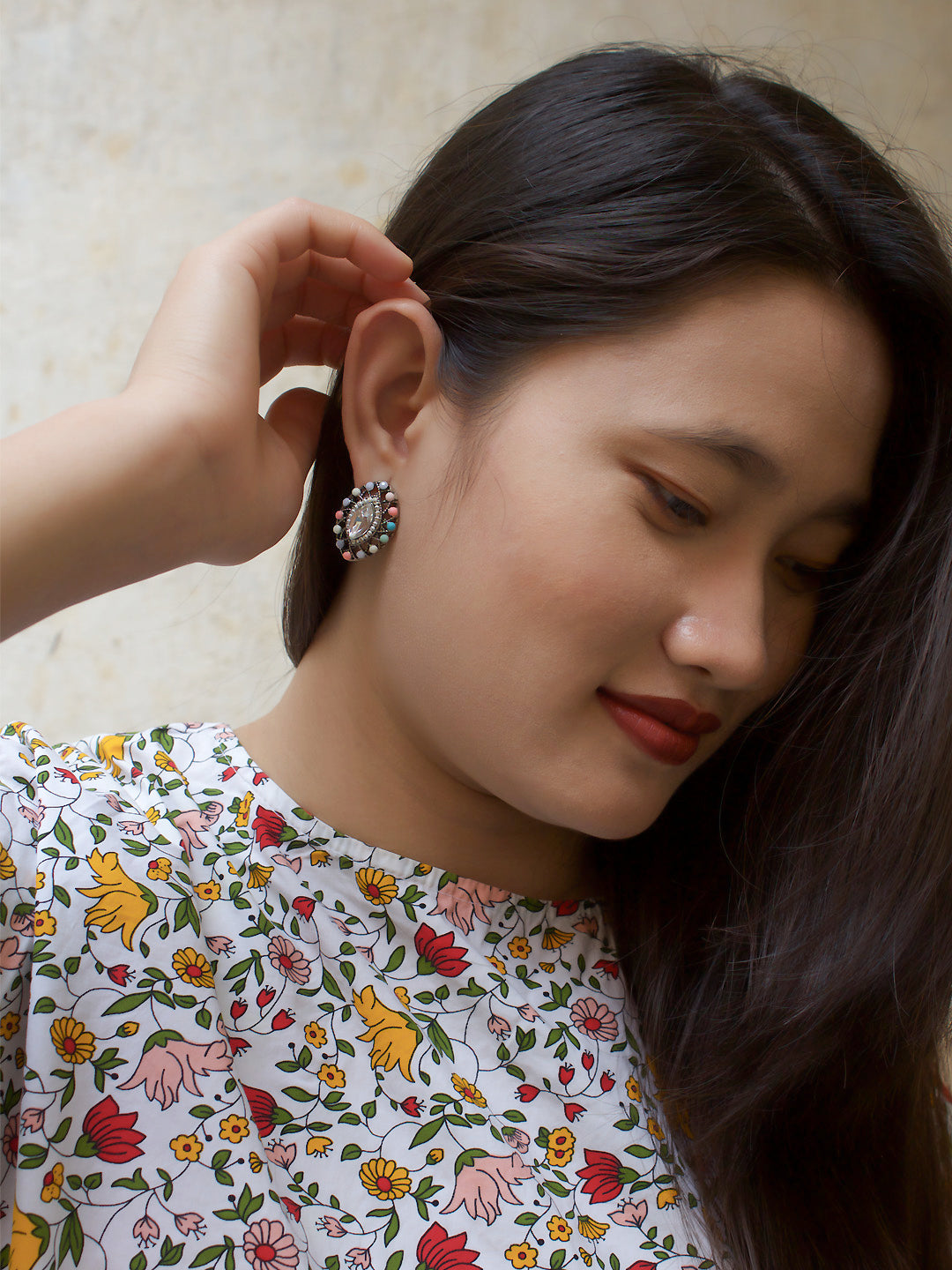 Aana Silver Plated Oval Design Multicolor Plastic Stone Stud Earring-AANA-Earring