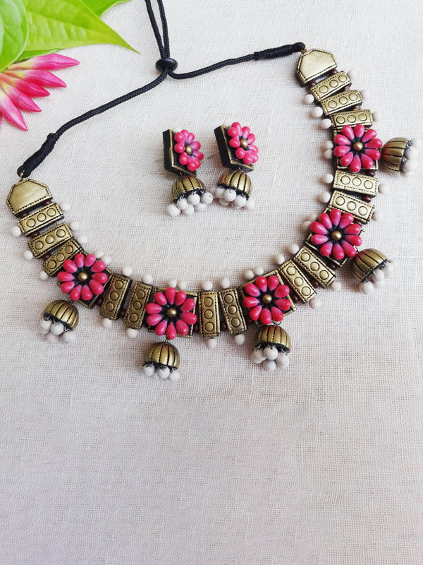 Flower Design Hand Painted Terracotta Jewelry Set