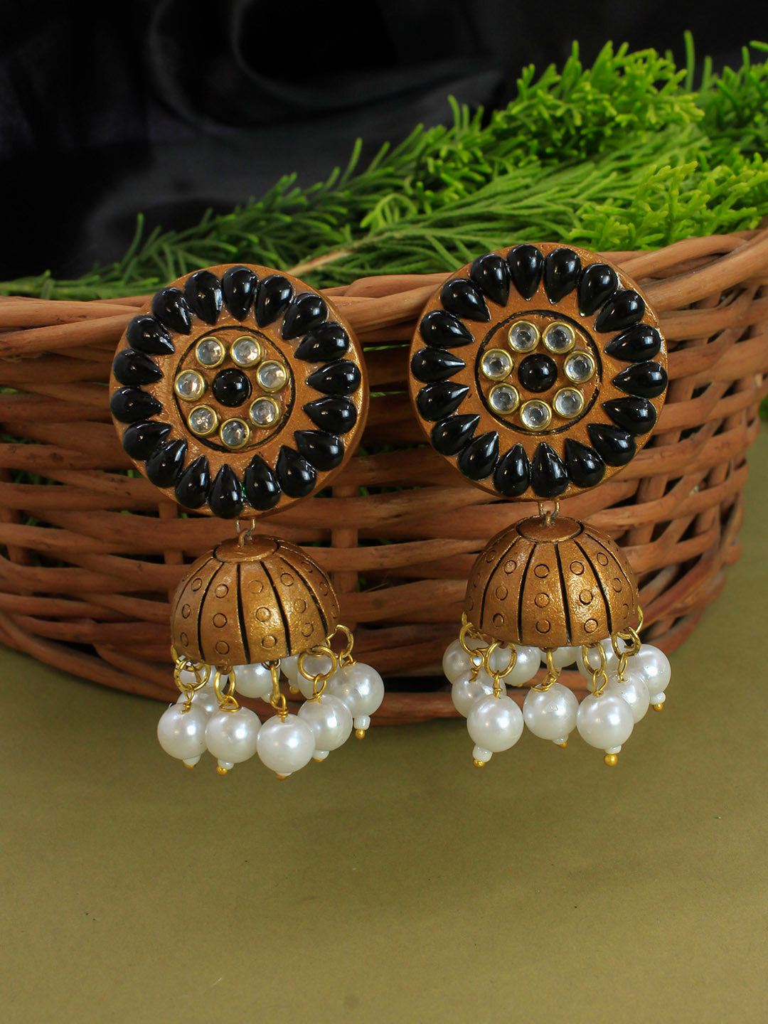 Floral Mandala Design Kundan Pearl  Gold Black White Handmade Terracotta Jhumka Earrings