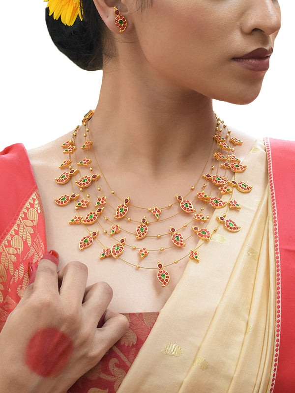 High Quality Gold Plated Multilayered Mango Design Motifs Red And Green Color Kemp Stones Necklace Set