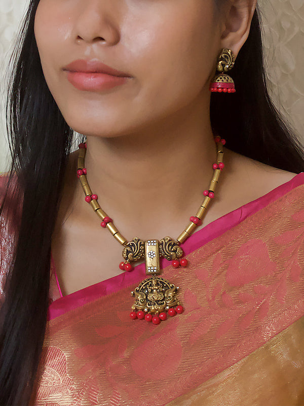 Antique Gold Pink Lakshmi Design Handmade Terracotta Tube Pattern Necklace Set