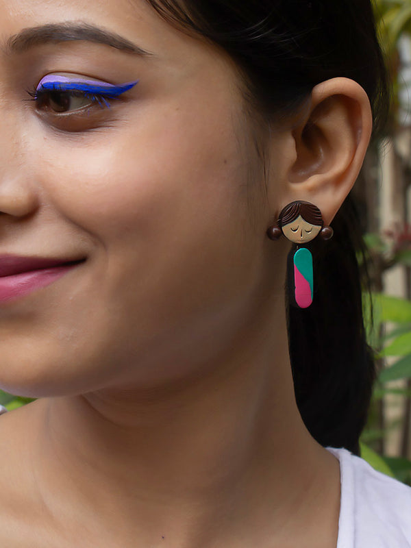 Little Girl Sleepy Face Design Pink Green Brown Handmade Terracotta Earrings