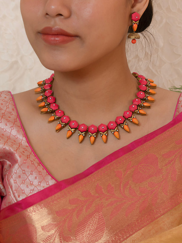 Pink Orange Antique Gold Pastel Shade Sangeet Fringe Pattern Geometric Design Handmade Terracotta Necklace Set