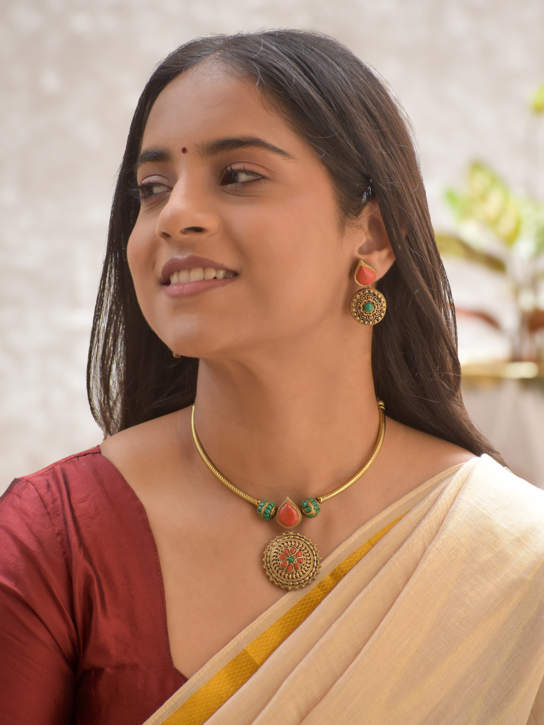 Terracotta Mandala Art Antique Round Pendant Necklace Set with Ruby-Green Accents