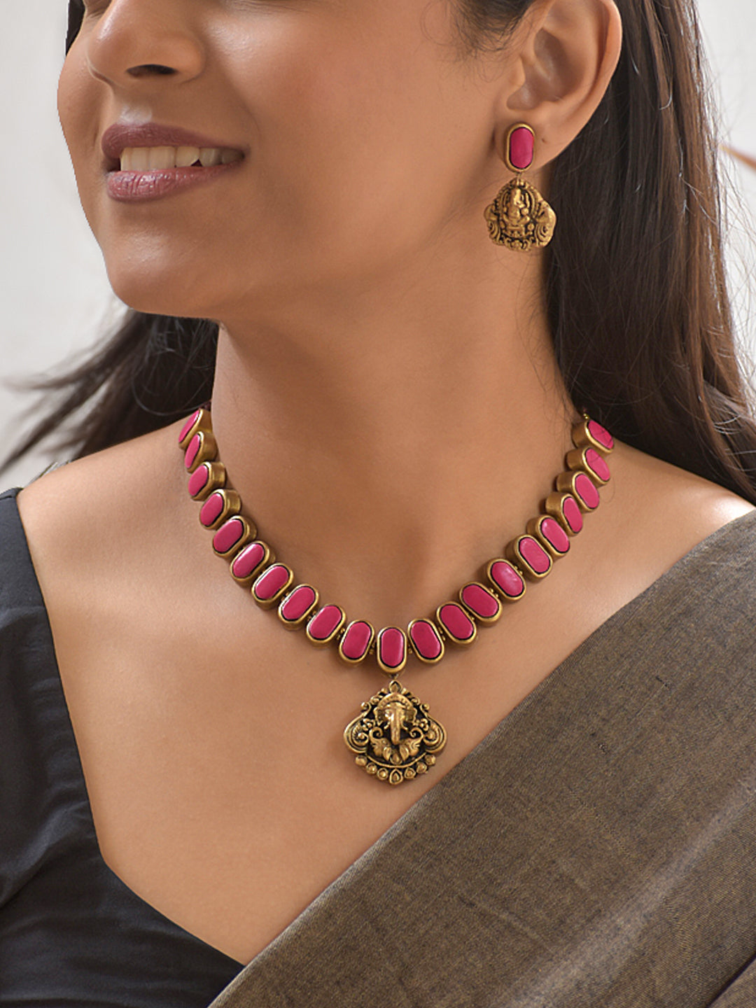 Terracotta Pink Oval Bead Necklace with Ganesha Pendant & Earrings