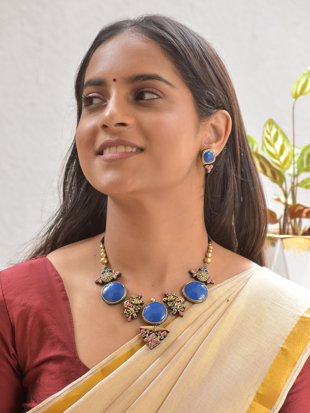 Terracotta Blue Royal Circle Necklace Set with Peacock Motifs