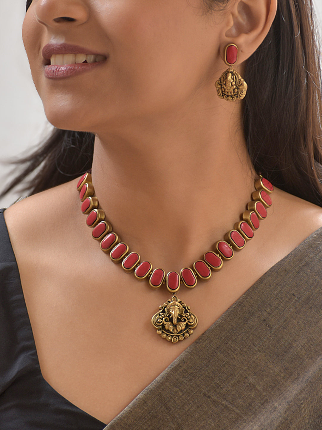 Terracotta Maroon Oval Bead Necklace with Ganesha Pendant & Earrings