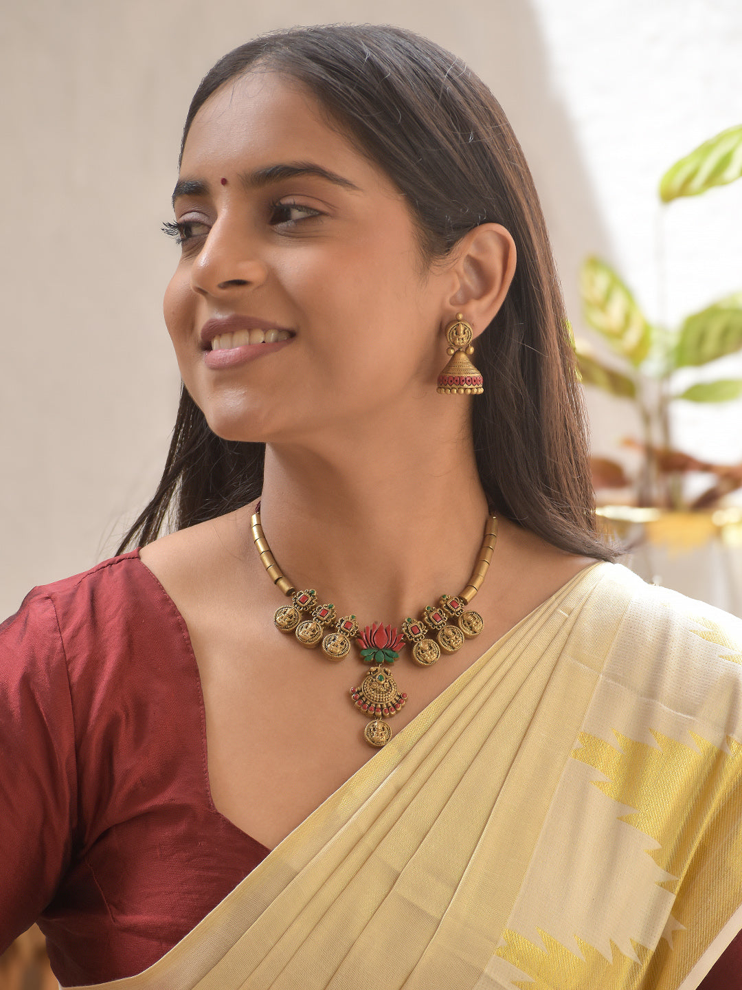 Terracotta Antique Lotus Necklace Set with Lakshmi Coin Motifs