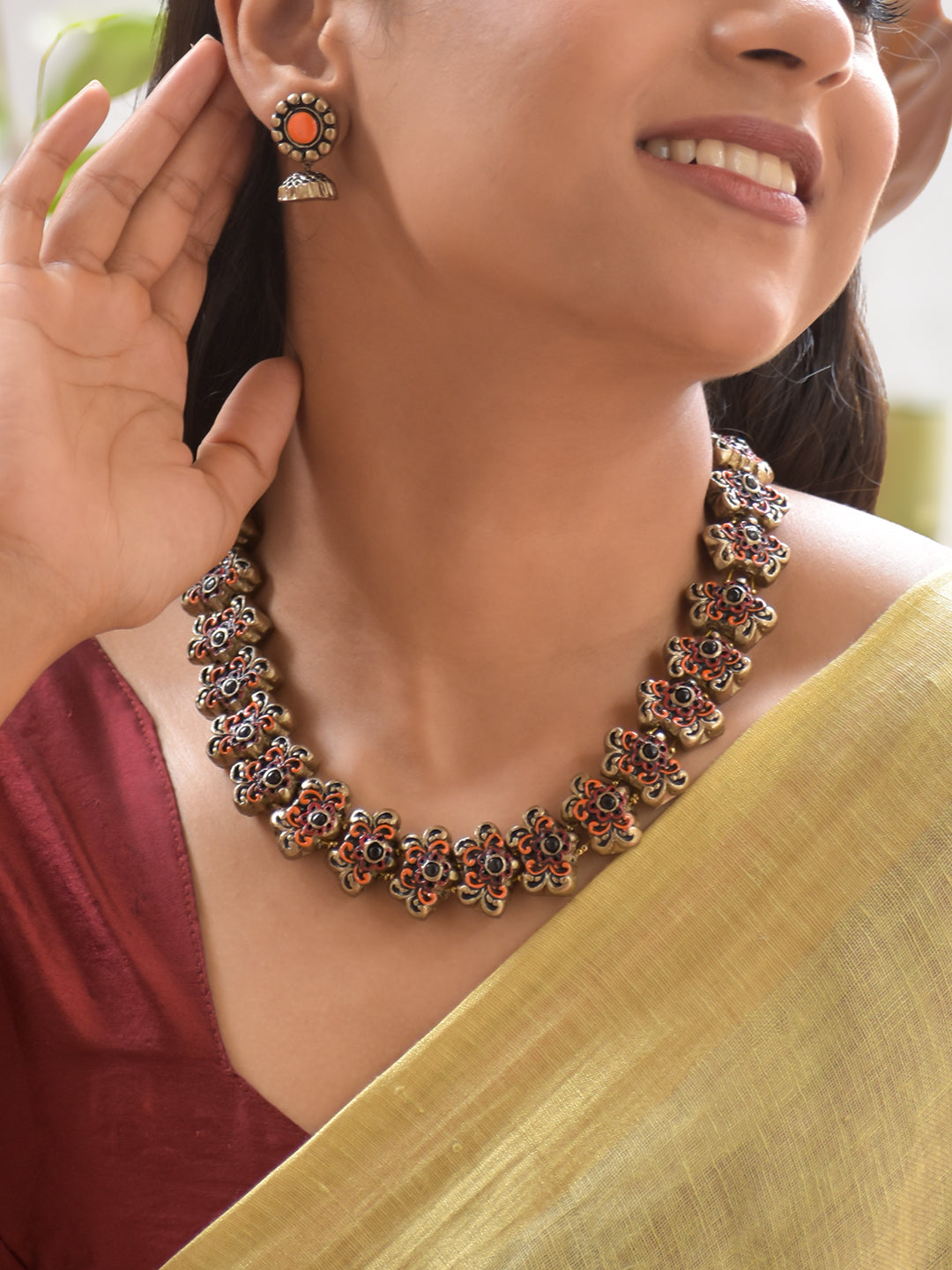 Terracotta Orange Floral Bead Necklace with Antique Black Accents & Earrings