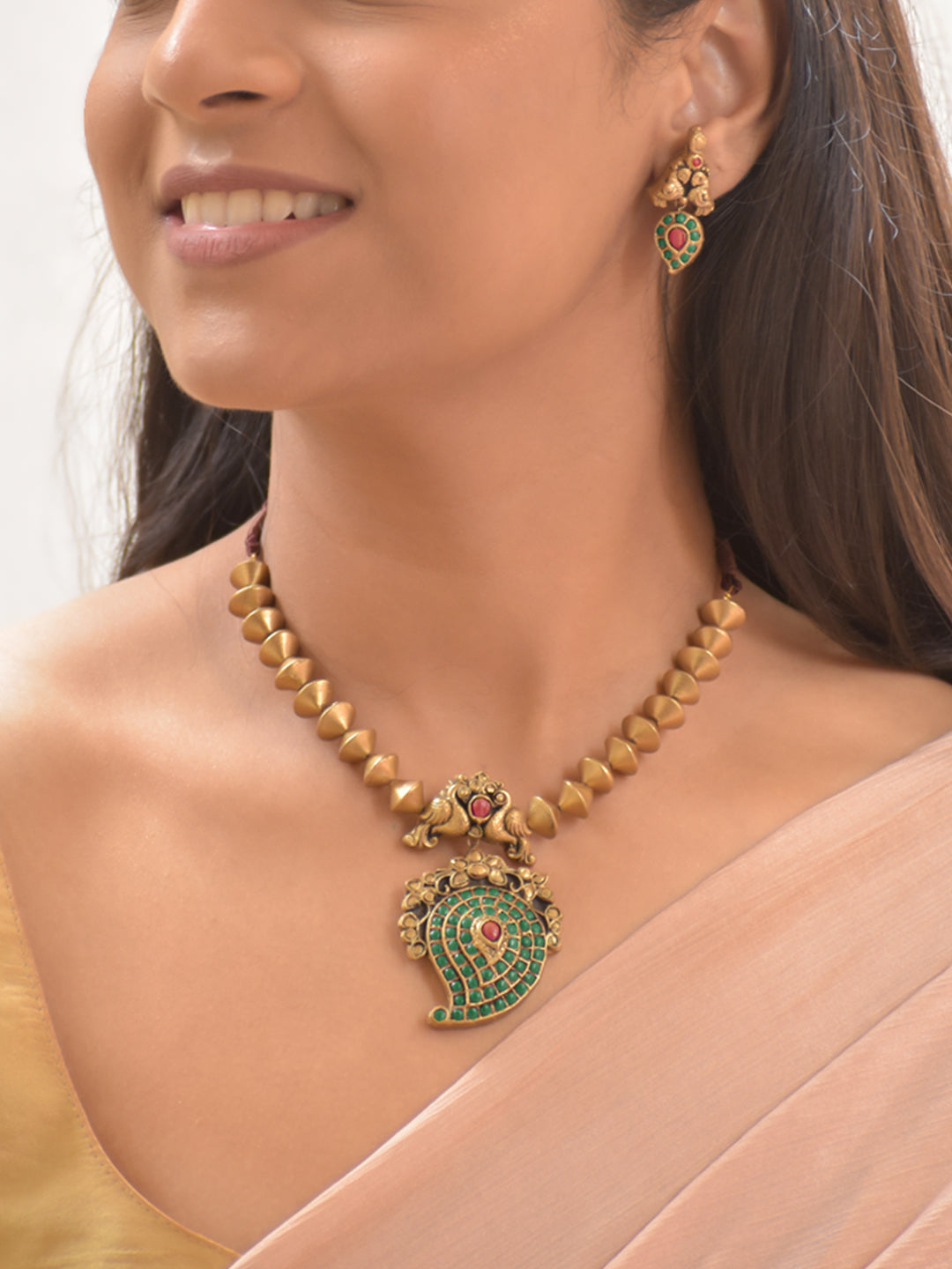 Terracotta Cone Bead Necklace with Peacock Motif & Green-Red Paisley Pendant