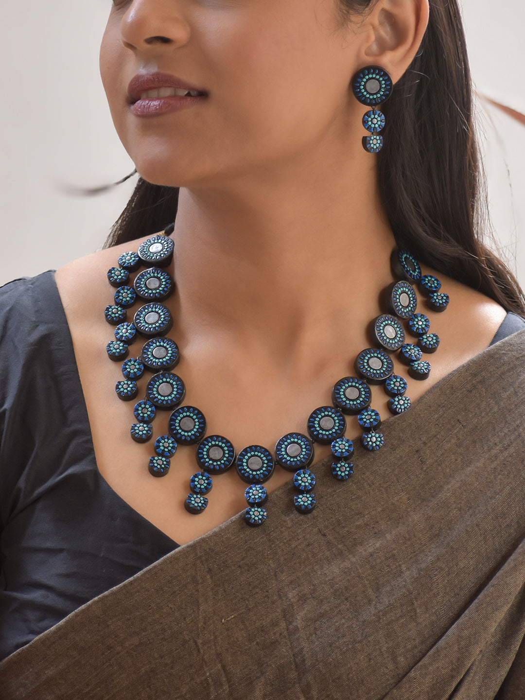 Terracotta Black & Blue Circular Layered Necklace with Earrings