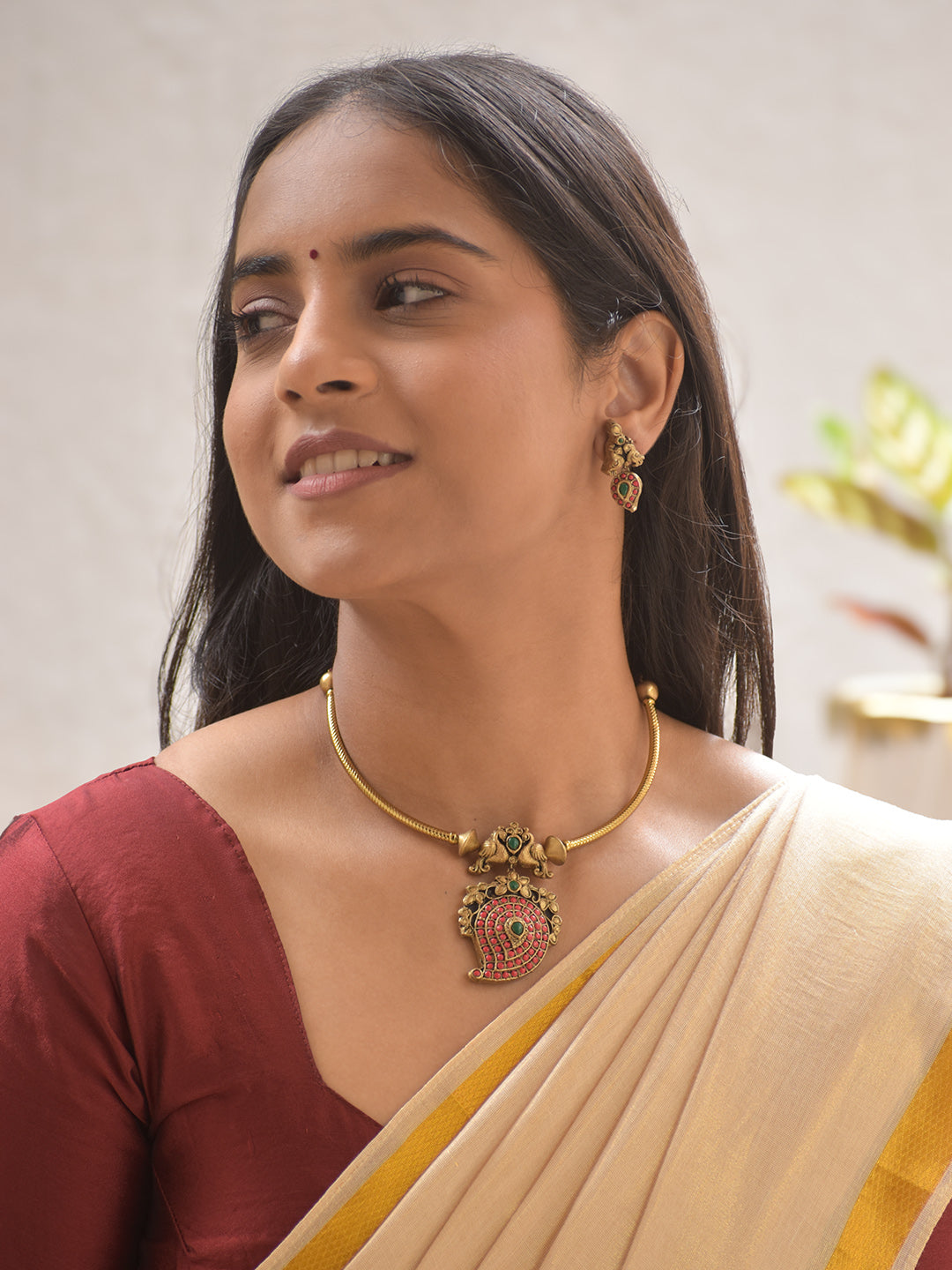 Terracotta Peacock Pendant Necklace Set with Ruby-Green Accents