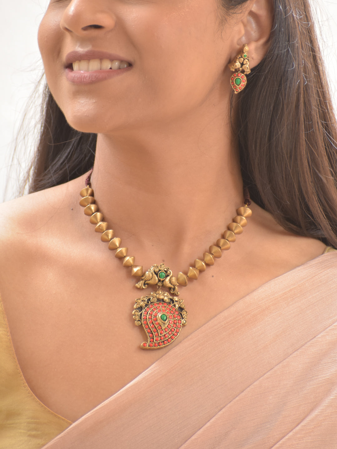 Terracotta Cone Bead Necklace with Peacock Motif & Red Paisley Pendant