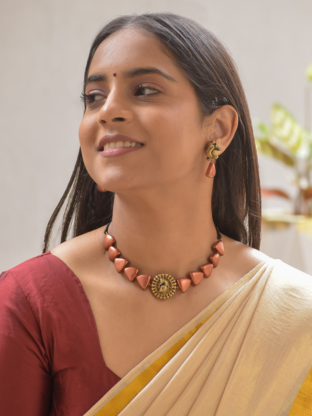 Terracotta Rose Gold Triangle Bead Necklace with Peacock Pendant & Matching Earrings