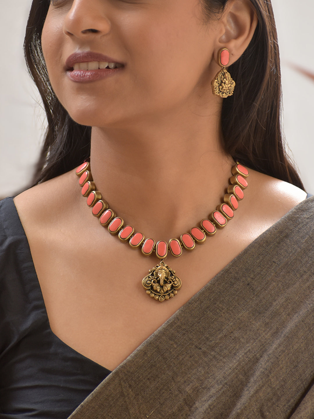Terracotta Peach Oval Bead Necklace with Ganesha Pendant & Earrings