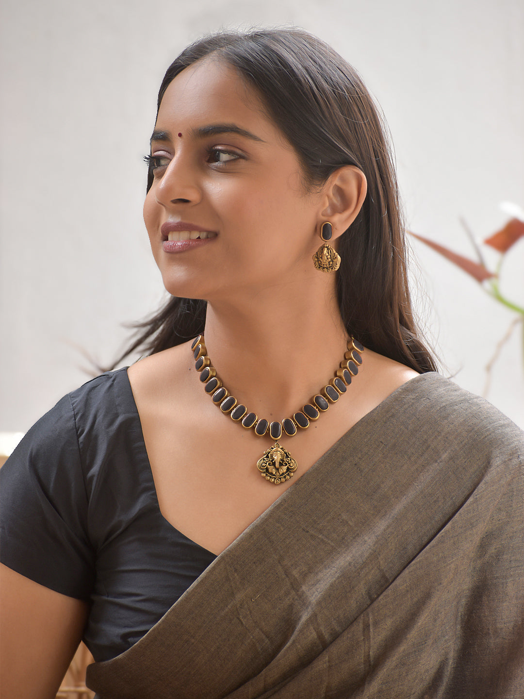 Terracotta Black Oval Bead Necklace with Ganesha Pendant & Earrings