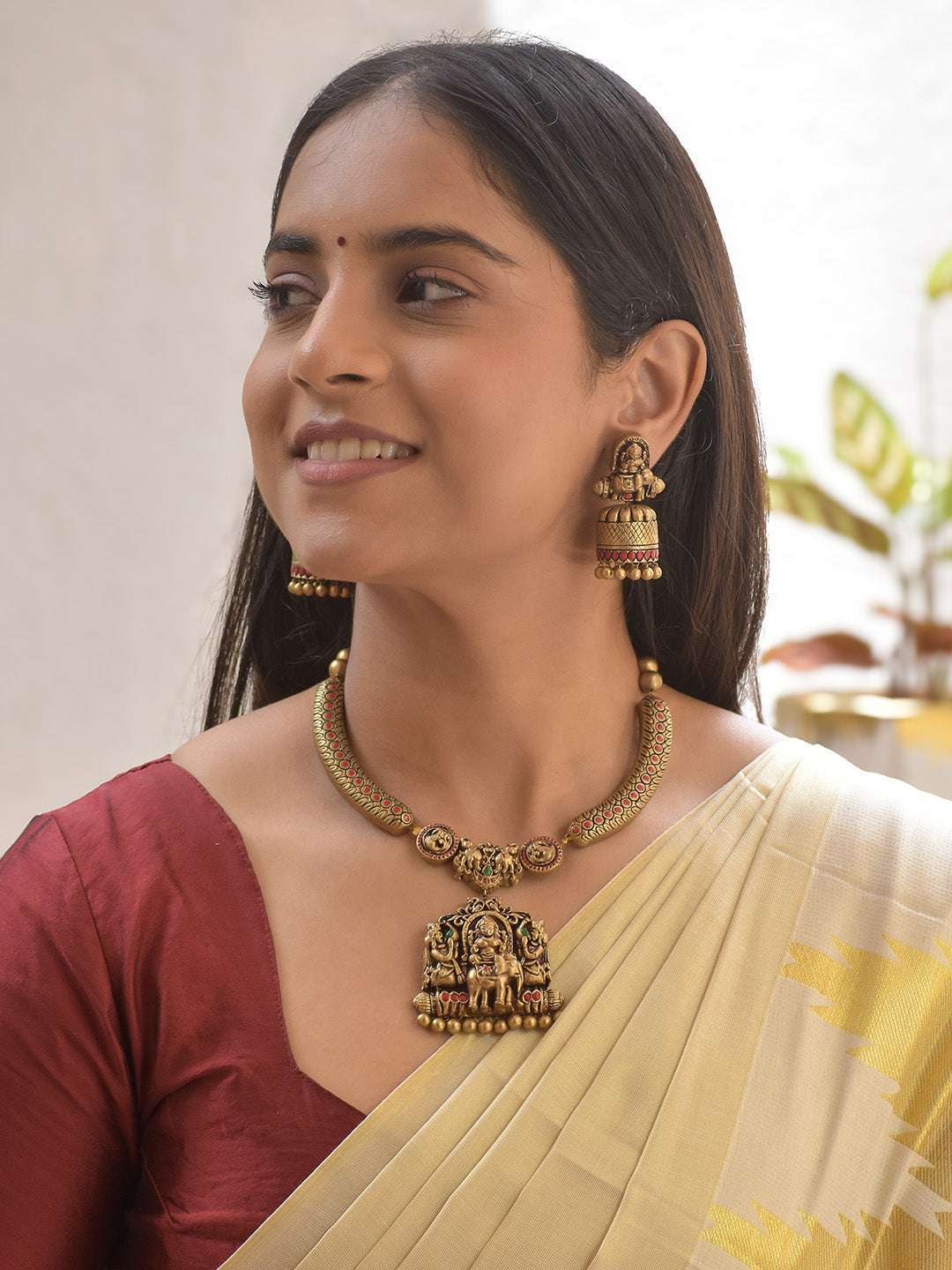 Terracotta Antique Temple Necklace Set with Lakshmi Motif