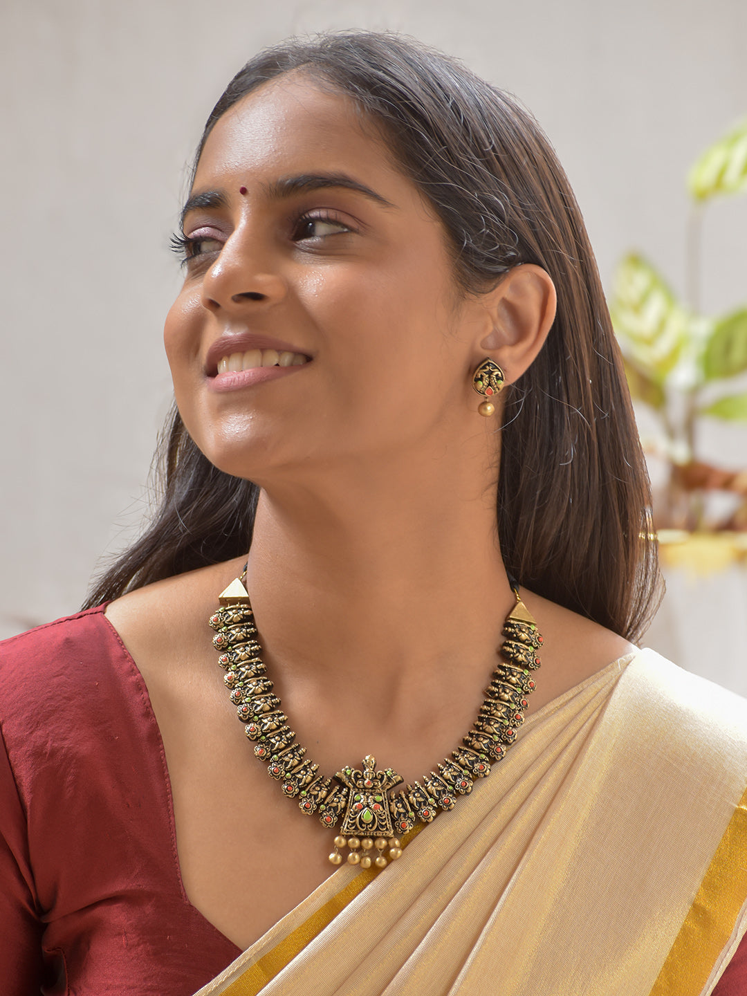 Terracotta Temple-Inspired Red & Green Long Necklace Set with Peacock Pendant