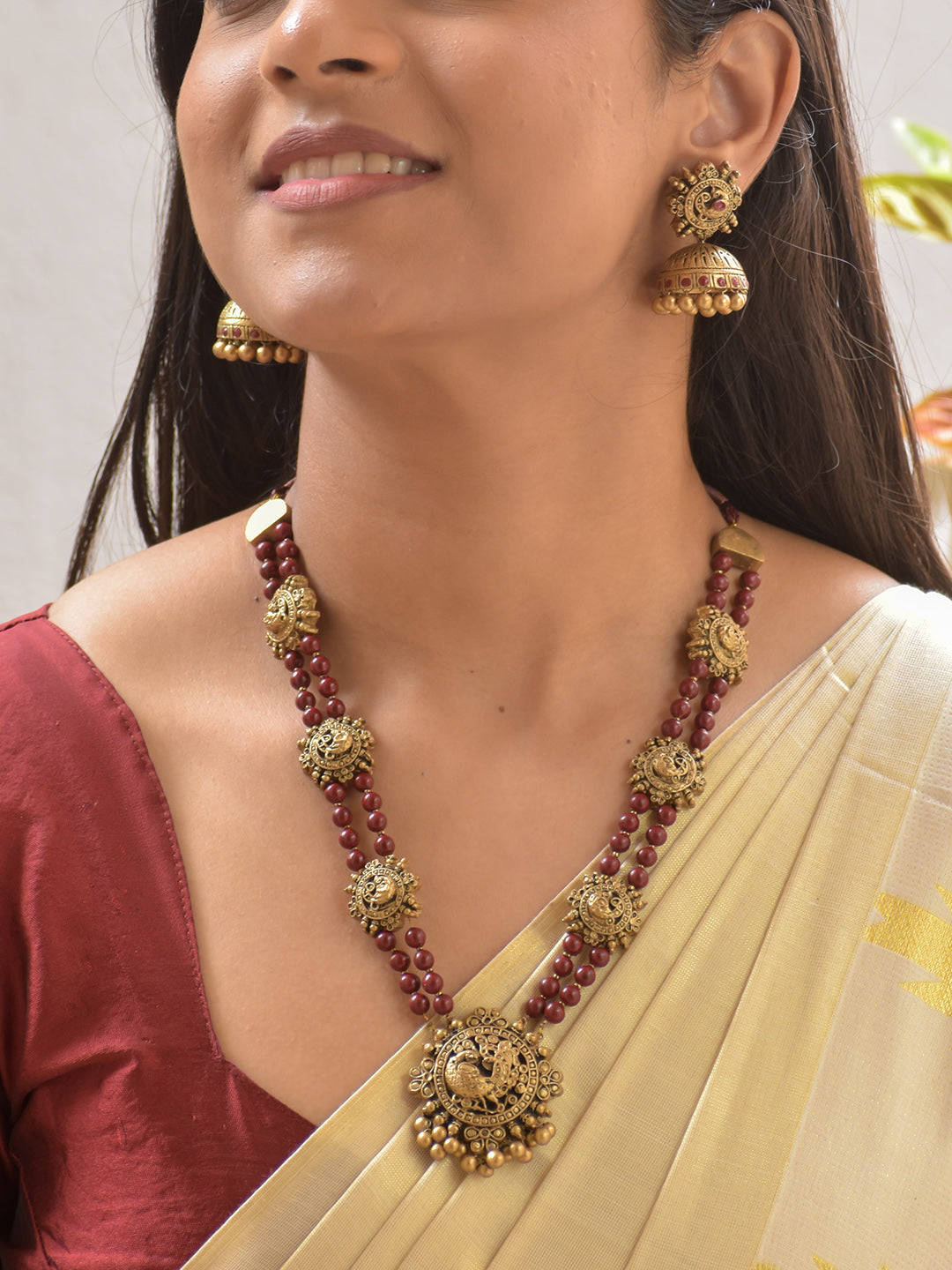 Terracotta Dual-Layer Beaded Necklace Set with Antique Peacock Motifs