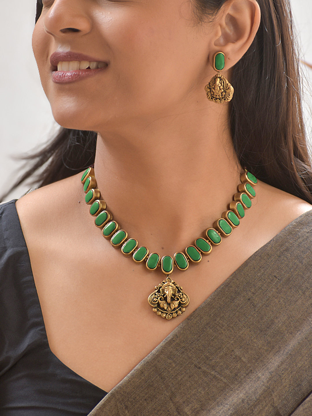Terracotta Dark Green Oval Bead Necklace with Ganesha Pendant & Earrings