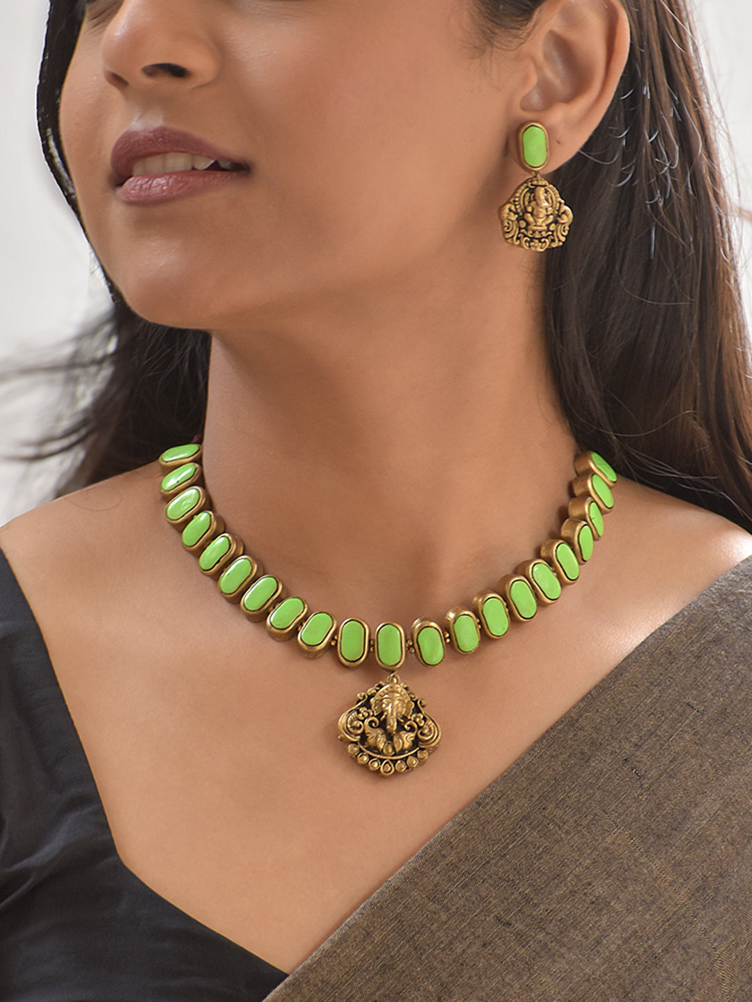 Terracotta Light Green Oval Bead Necklace with Ganesha Pendant & Earrings