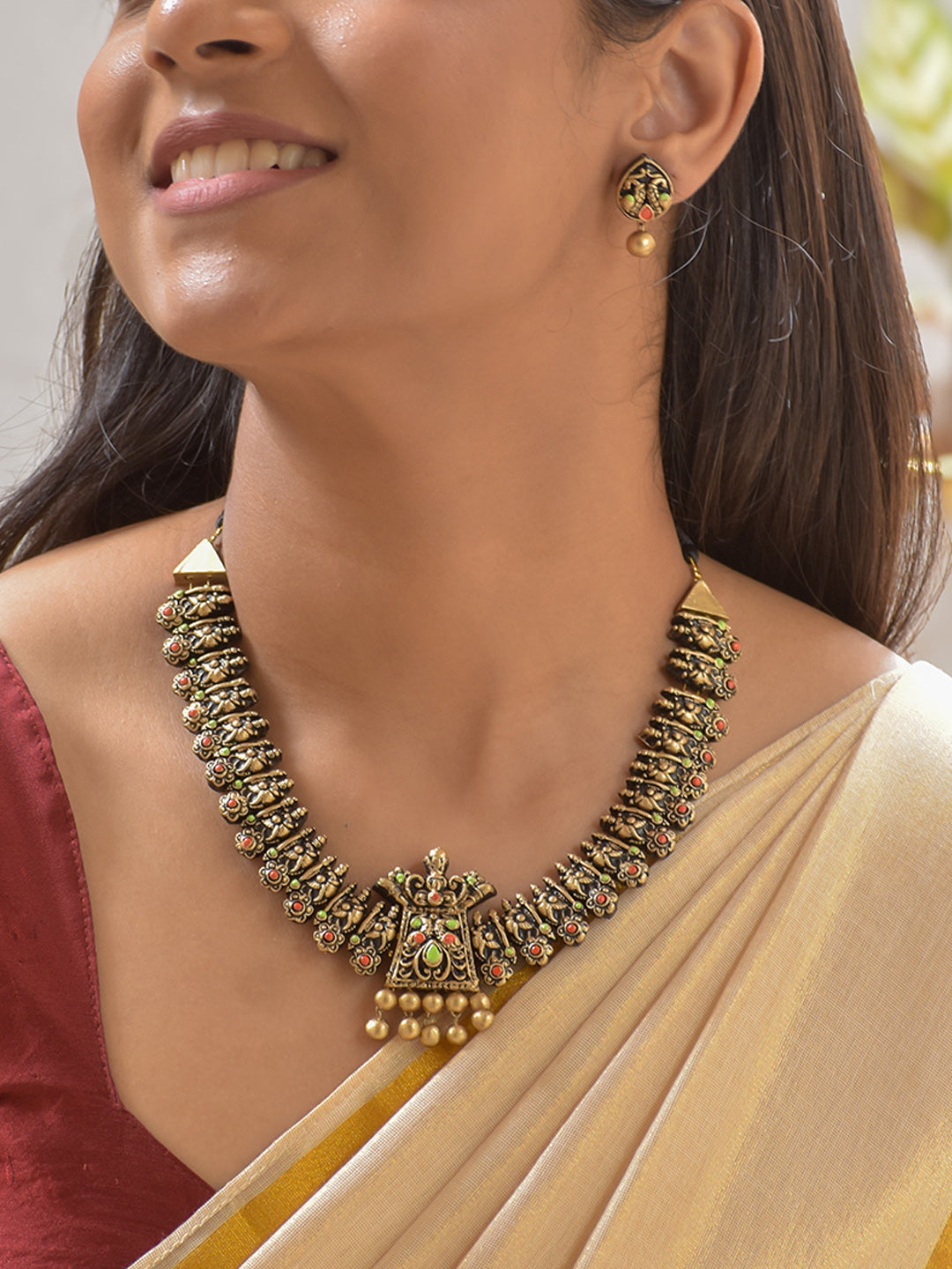 Terracotta Temple-Inspired Red & Green Long Necklace Set with Peacock Pendant