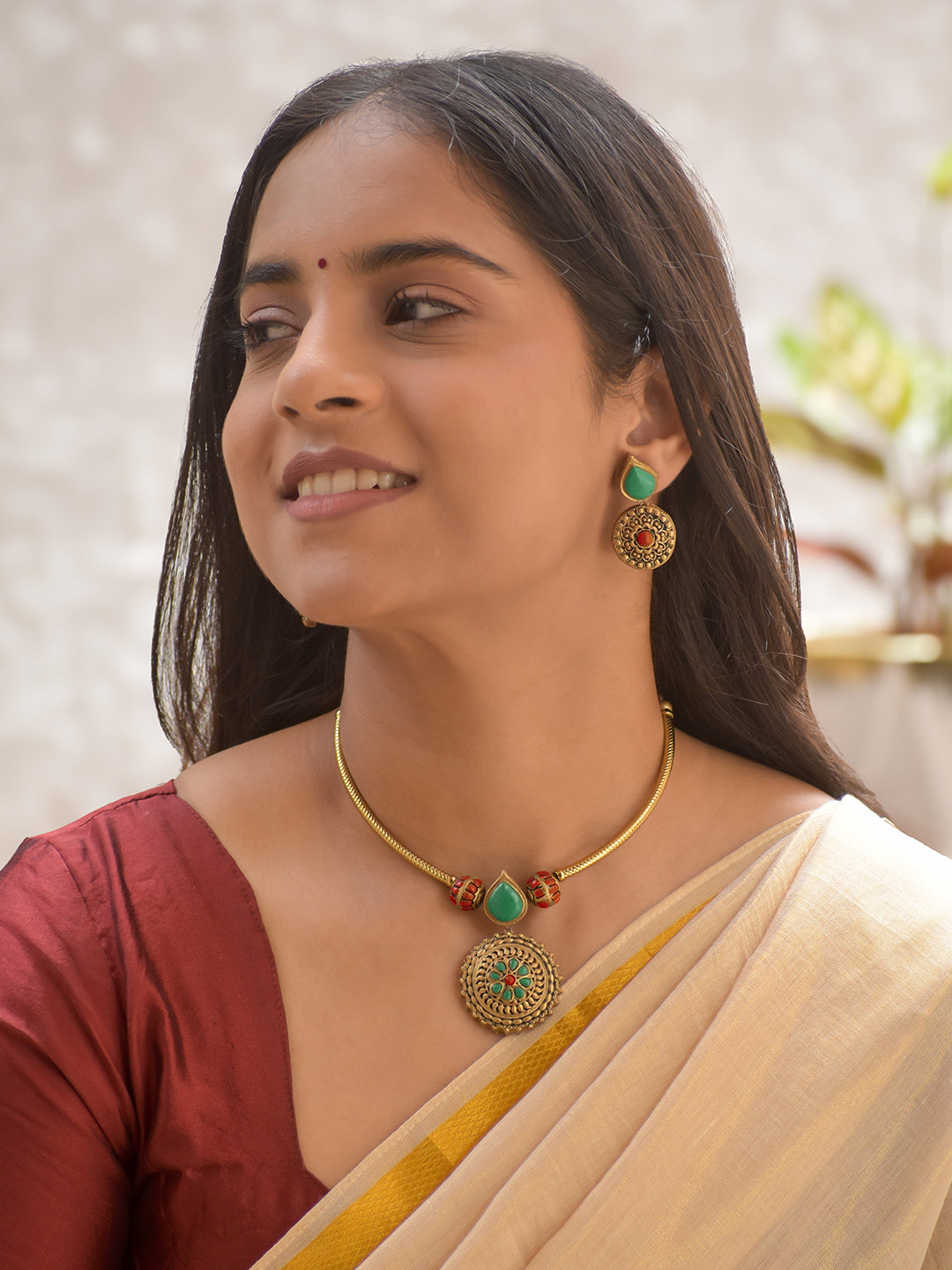 Terracotta Mandala Art Antique Round Pendant Necklace Set with Green Accents