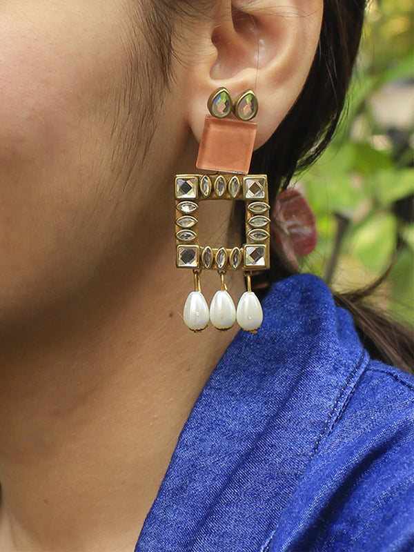 Square and Rectangular Design Fusion Kundan Stone Handmade Terracotta Earrings