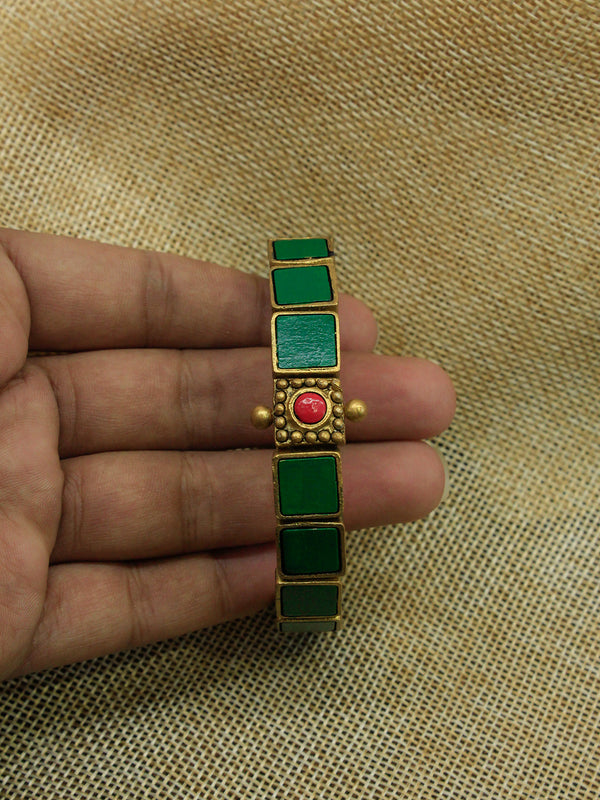 Green Pink Antique Gold Square Design Handmade Terracotta Bangle