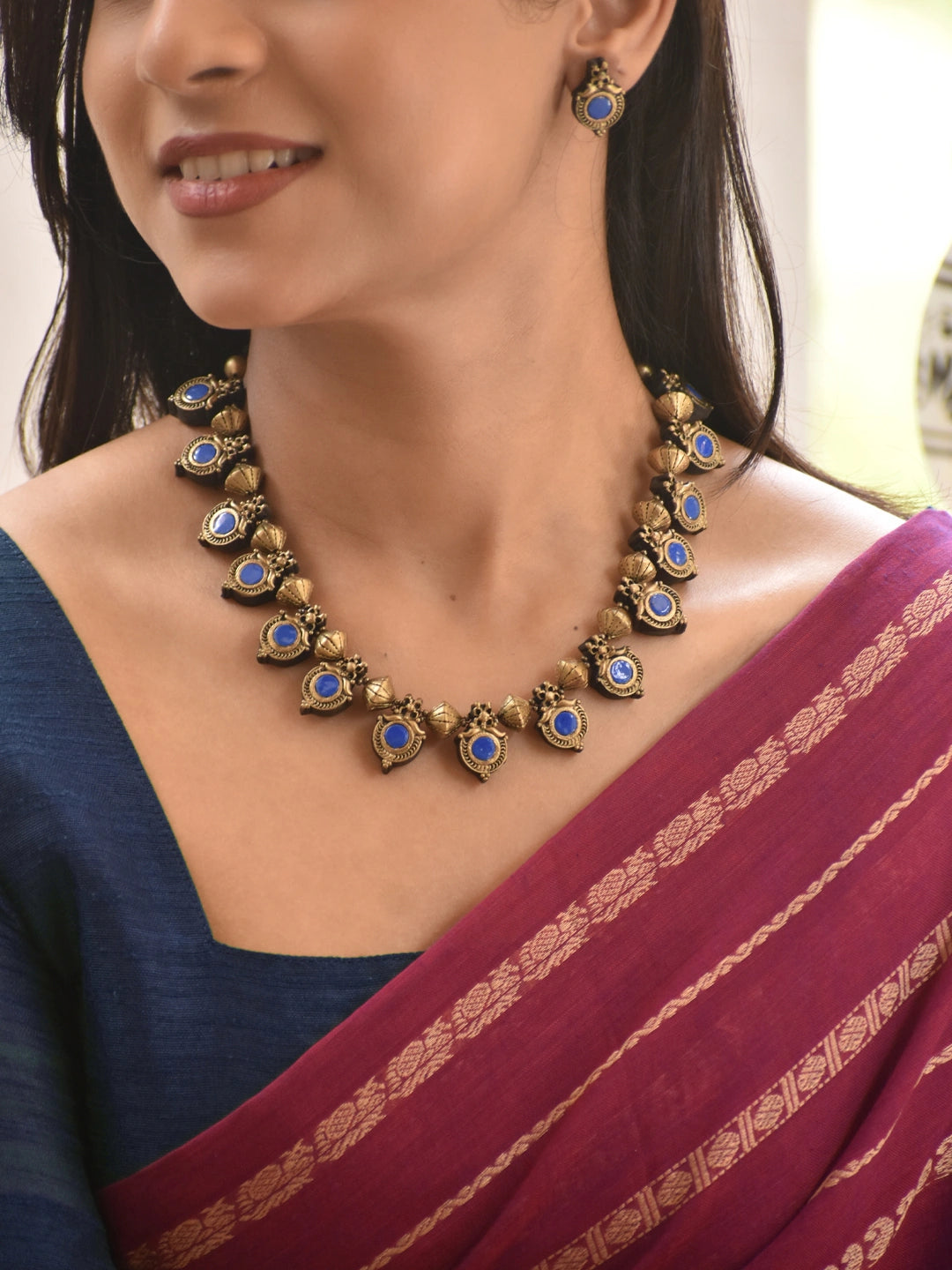 Royal Blue Antique Gold Drop Necklace Set
