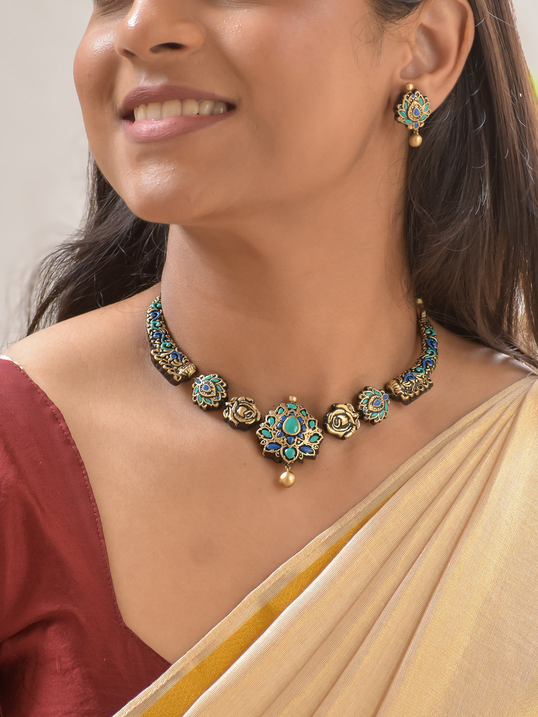 Terracotta Floral Motif Necklace Set with Blue-Green Accents