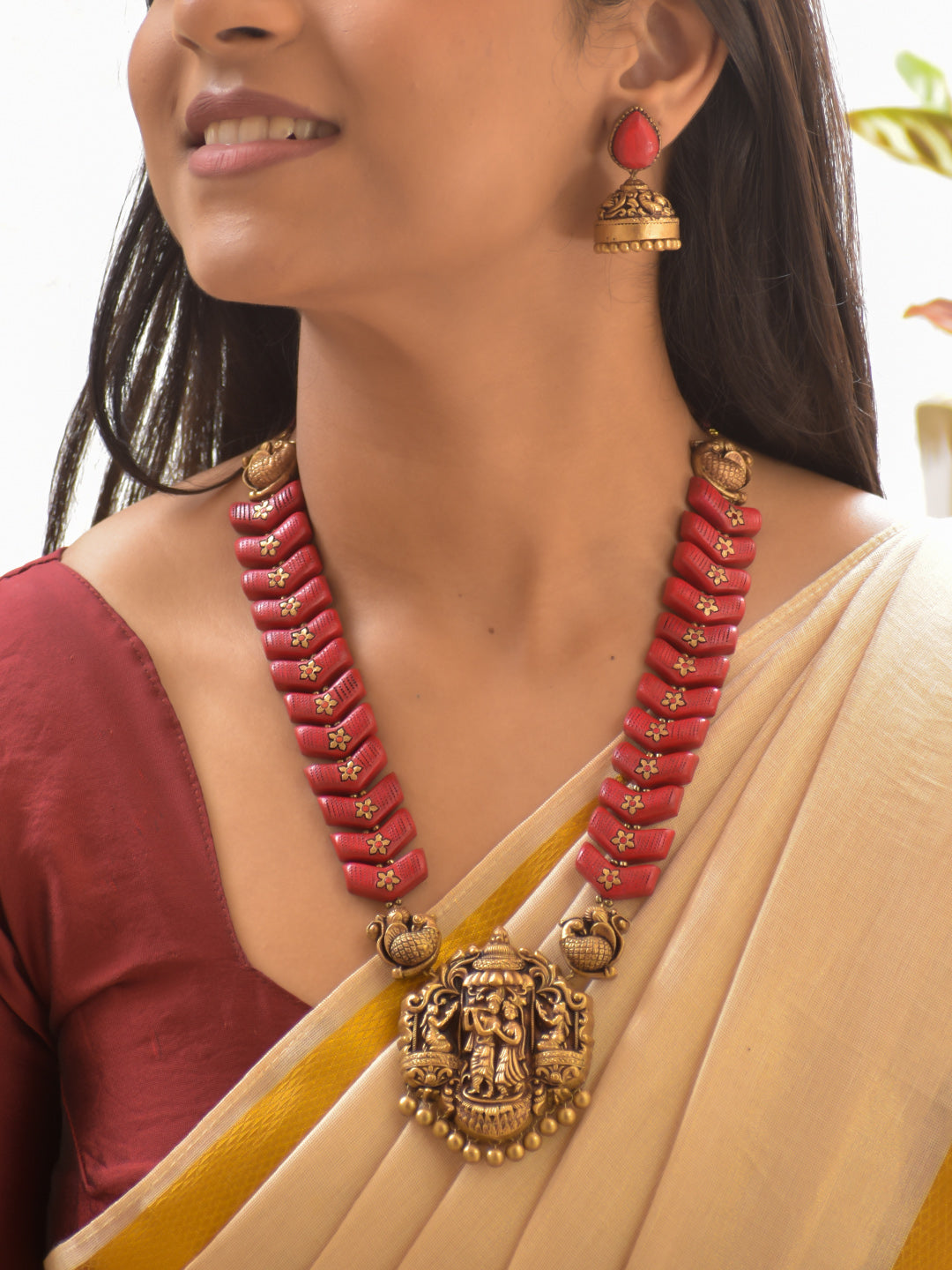 Terracotta Krishna Radha Pendant Necklace with Peacock Motifs and Earrings