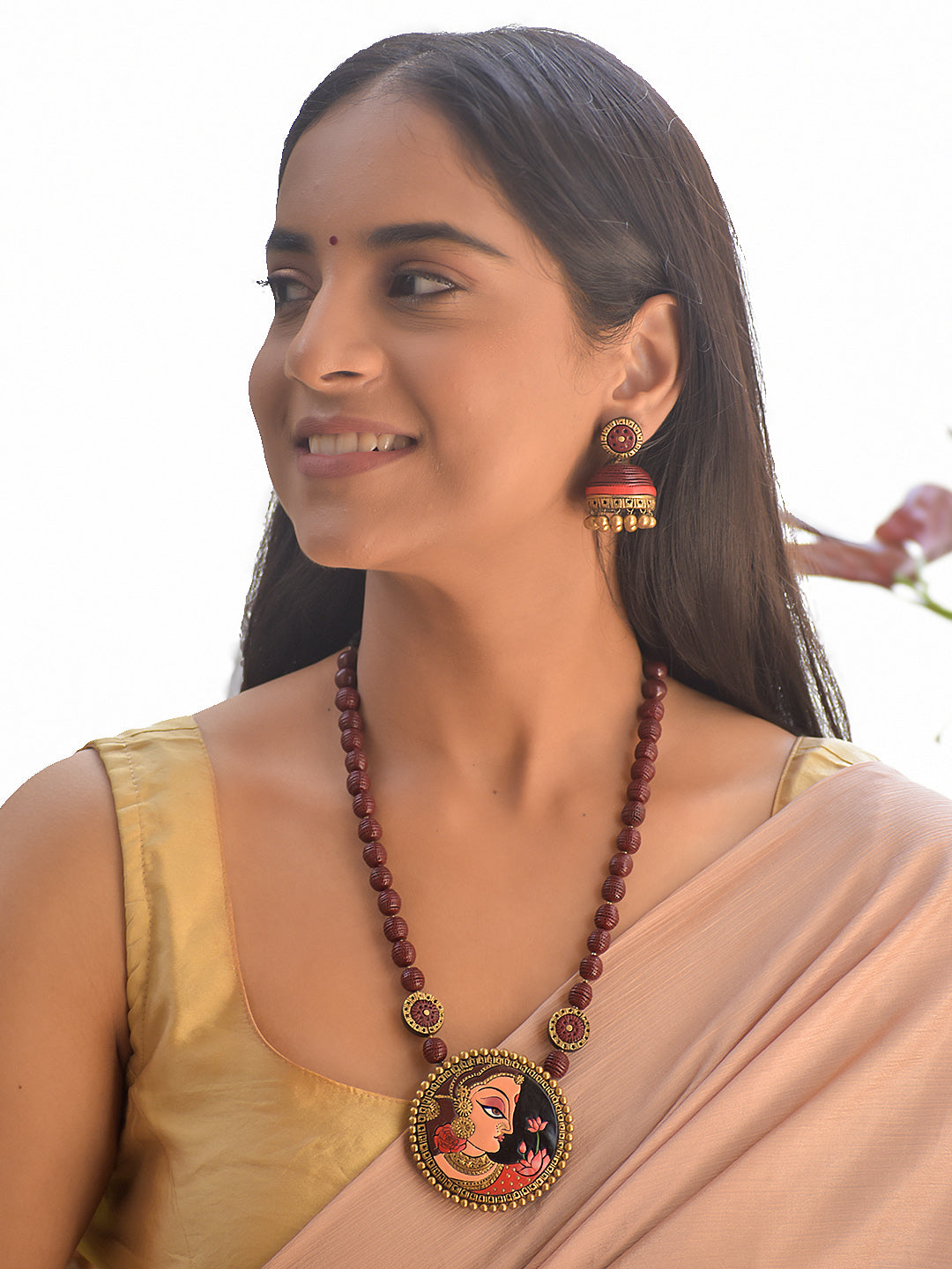 Terracotta Maroon Beaded Necklace with Hand-Painted Women Pendant
