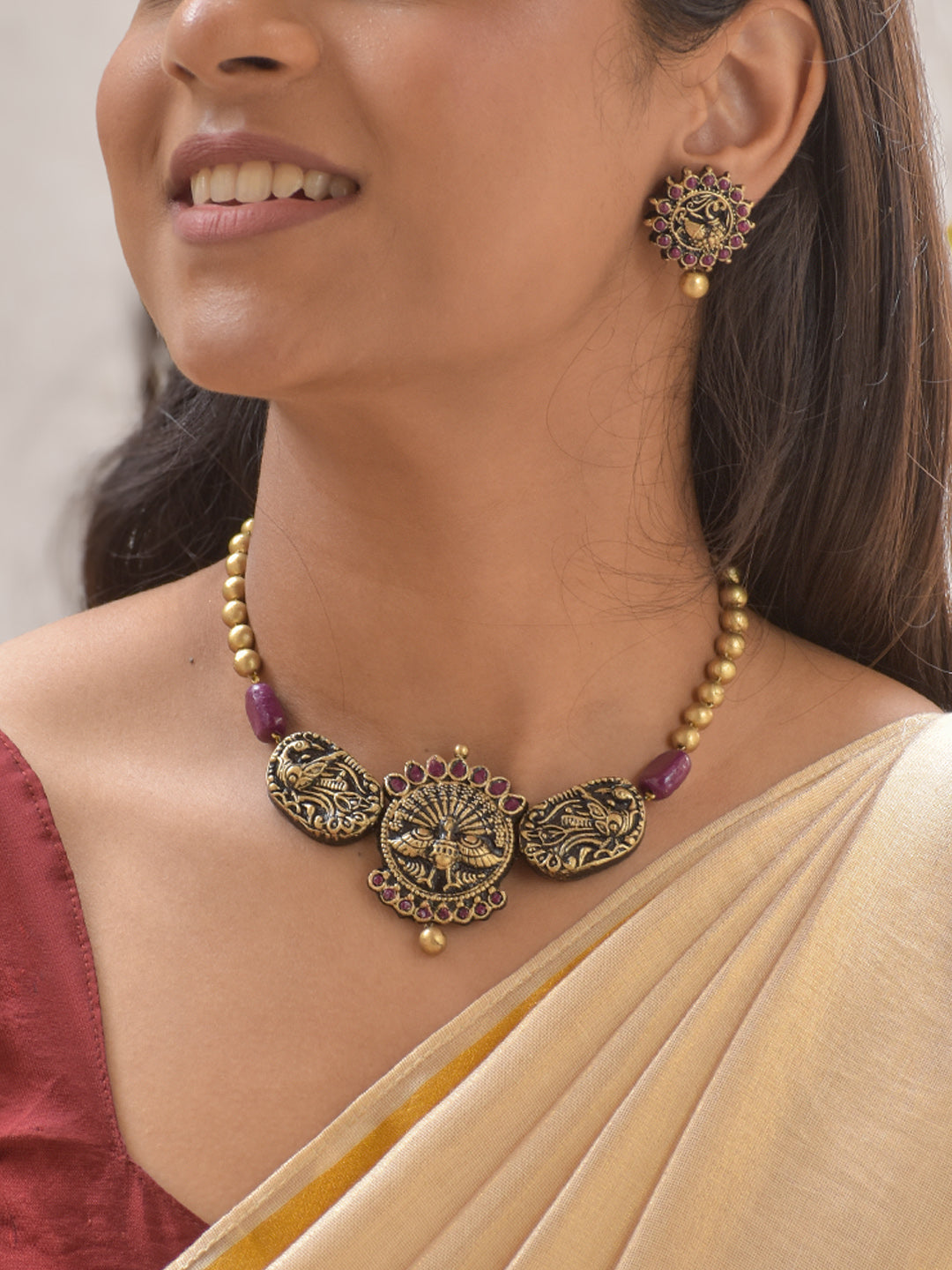Terracotta Purple Beaded Necklace Set with Sun Peacock Motif & Matching Studs