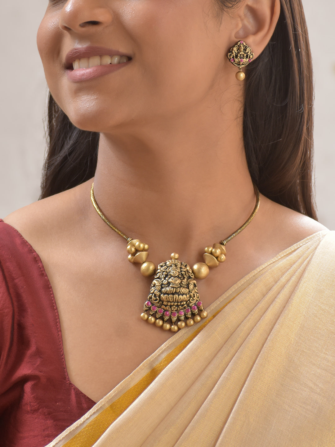 Terracotta Red Square Motif Necklace Set with Floral Peacock Accents