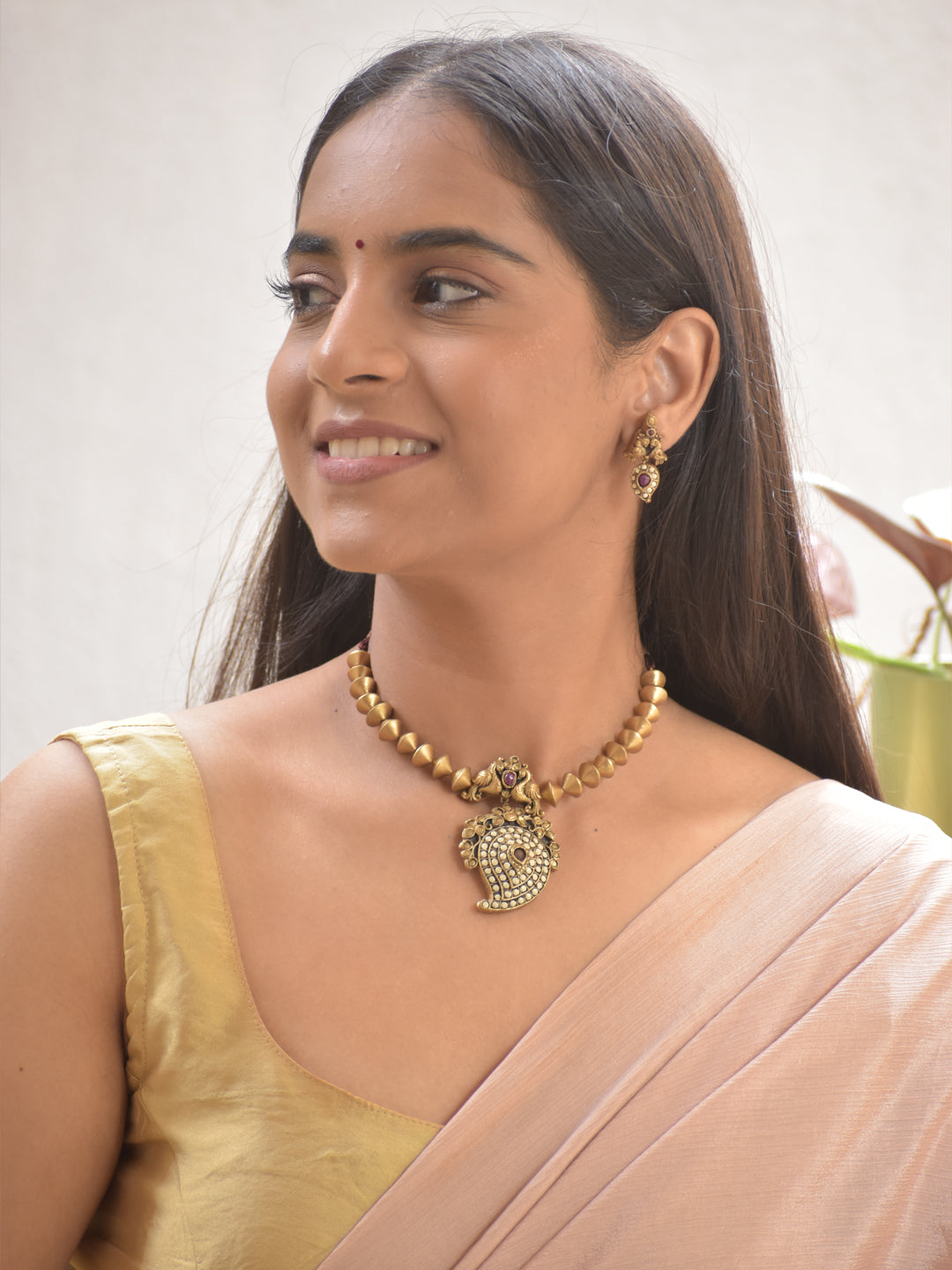 Terracotta Cone Bead Necklace with Peacock Motif & White Paisley Pendant