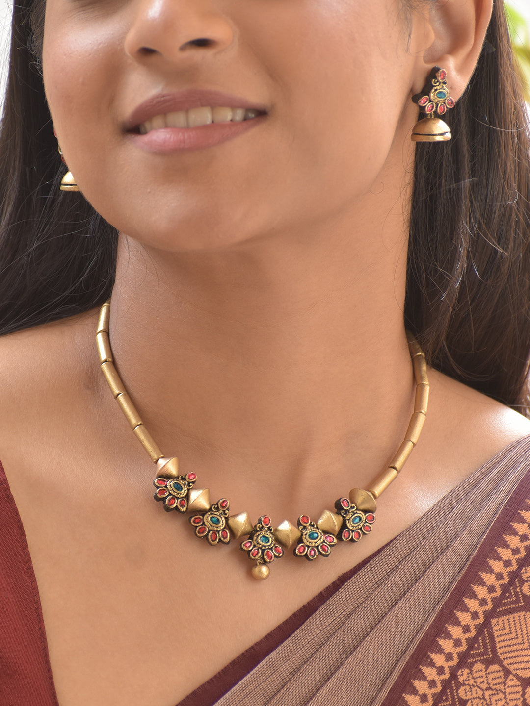 Terracotta Floral Motif Necklace Set with Golden Barrel Beads and Stud Earrings