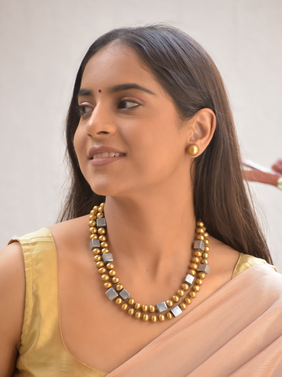 Terracotta Dual-Layer Gold and Silver Bead Necklace with Stud Earrings