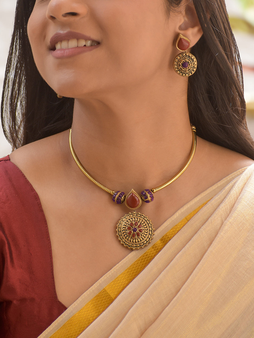 Terracotta Maroon and Purple Beads Round Floral Pendant Necklace with Earrings