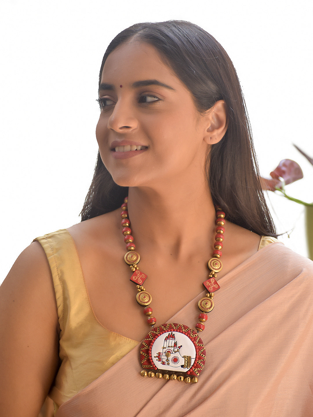 Select Style_No Earring (Only Necklace) | Terracotta Red Beaded Necklace with Hand-Painted Tribal Village Pendant