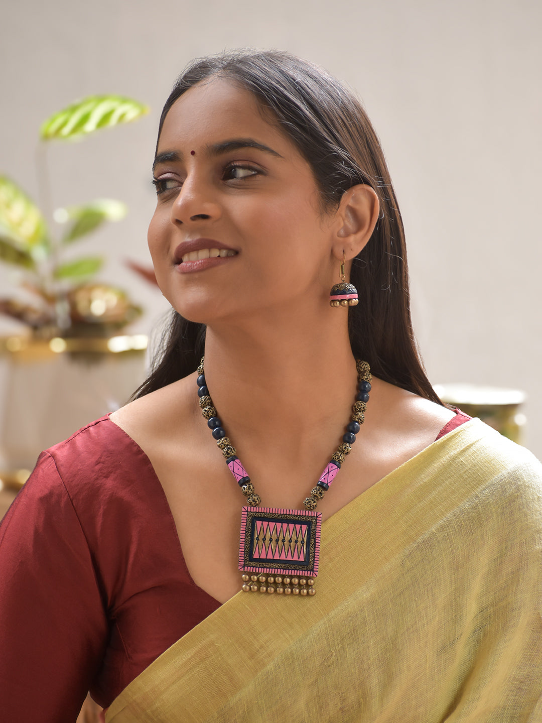 Terracotta Pink Rectangular Pendant Necklace with Beads & Earrings