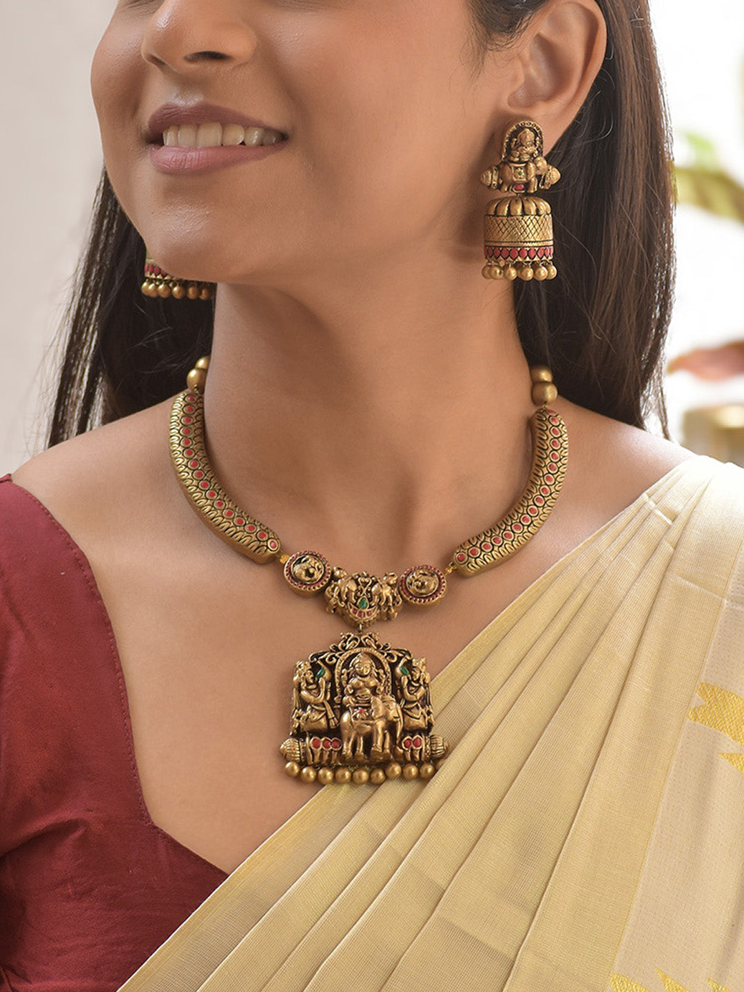 Terracotta Antique Temple Necklace Set with Lakshmi Motif