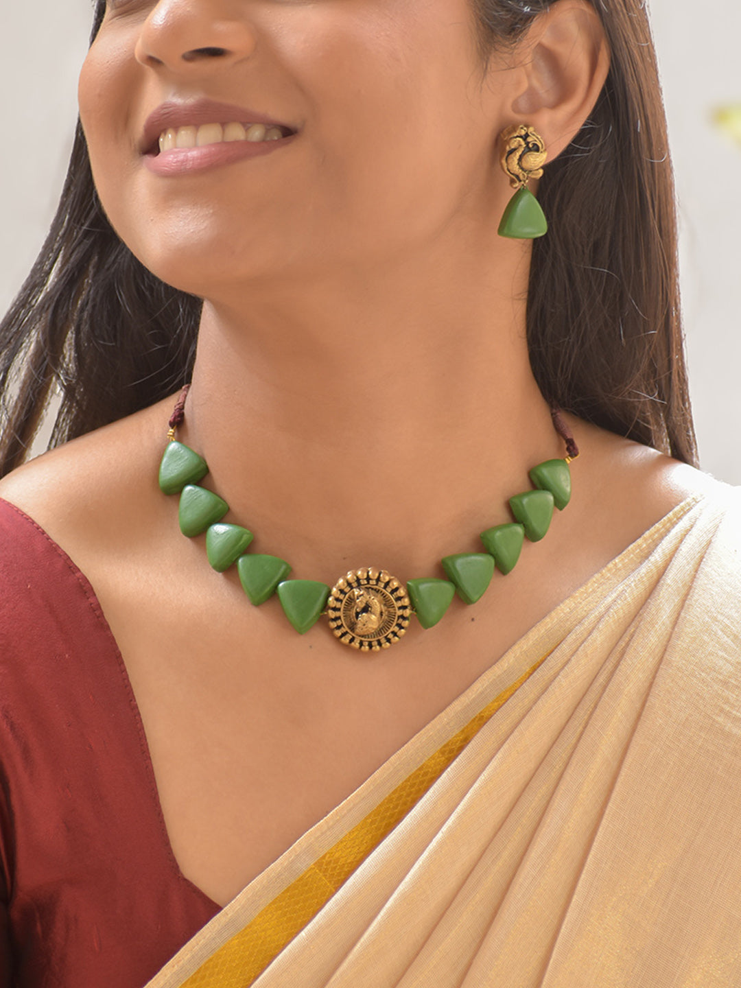Terracotta Red Triangular Beads Necklace with Peacock Coin Pendant & Matching Earrings